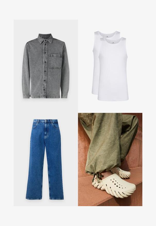 Szara koszula dżinsowa z kołnierzykiem na guziki, przednią kieszenią, długimi rękawami i klasycznym krojem z delikatnym wyblaknięciem dla uzyskania tekstury.; Białe bawełniane topy na ramiączkach, bez rękawów, okrągły dekolt, gładka faktura, wykonane z miękkiej, lekkiej tkaniny. Wyeksponowane dwa egzemplarze.; Niebieskie, wysokie na talii, szerokie dżinsy z nogawkami typu wide-leg, z zapięciem na guzik i zamek błyskawiczny, przelotkami na pasek oraz pięcioma kieszeniami.; Beżowe klompy z gumy z falistym brzegiem i otworami wentylacyjnymi, noszone z zielonymi spodniami ze ściśniętymi mankietami, leżące na fakturowanej terakotowej powierzchni.