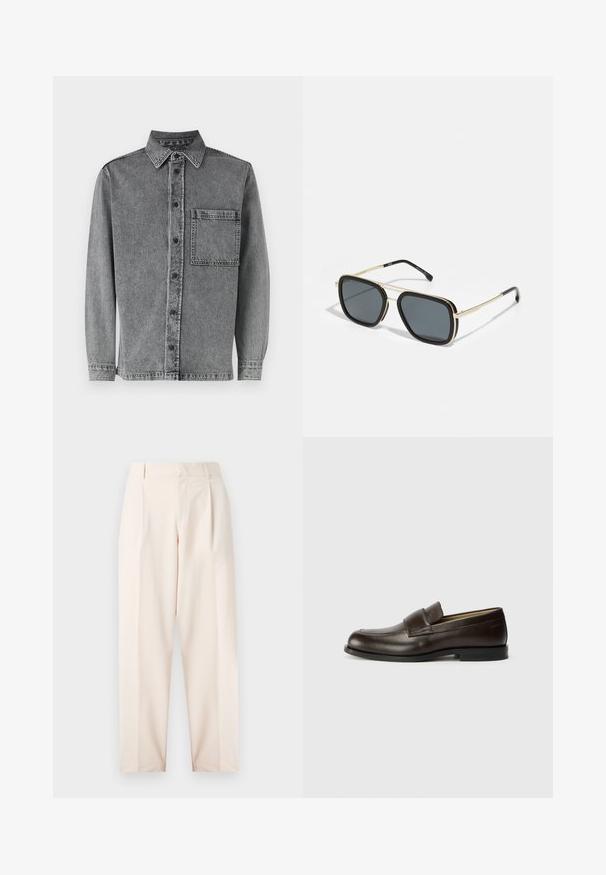 Grå denimskjorte med knapp-ned krage, frontlomme, lange ermer og klassisk passform med subtil falming for tekstur.; Beige skreddersydde bukser med høy midje, legg og rett ben-design. Laget av glatt stoff med sidelommer og en ren finish.; Calvin Klein Slippers - cocoa brown; Svart og gull solbriller med firkantet form, metallramme, mørke grå linser og svarte temple spisser. Har dobbel bro-design.