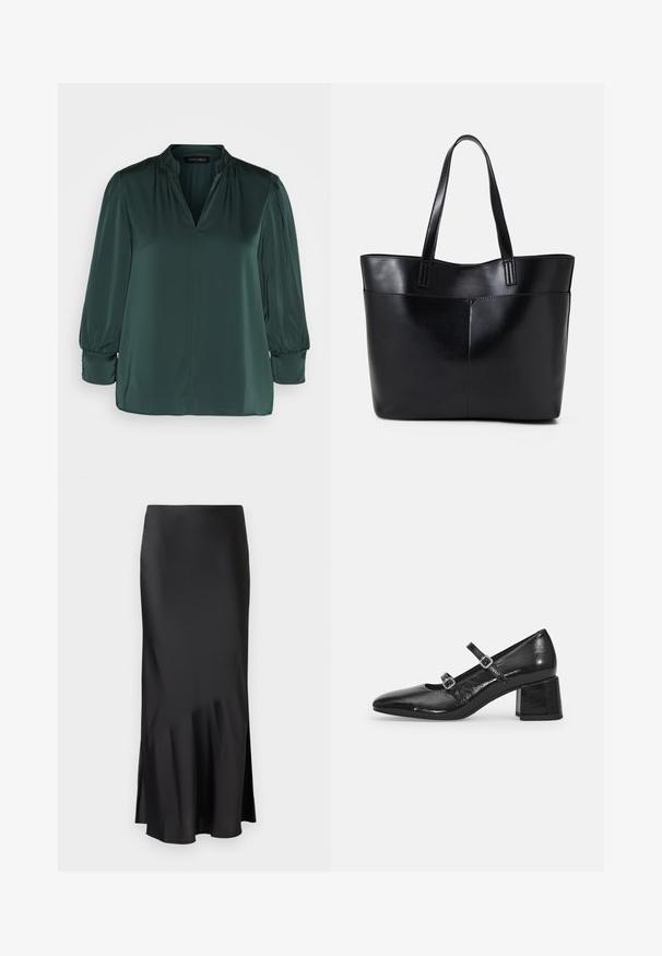 Tumši zaļa blouse, izgatavota no gludas auduma, ar V veida kaklu, savilktiem pleciem un garām piedurknēm ar elastīgām aprocēm. Taisna apakšmalas dizains.; Melnas satīna vidēja garuma svārki ar elegantu dizainu, ar nelielu izplešanos apakšmalā un sānu šķēlumu, kas nodrošina ērtību kustībā. Gluda tekstūra.; Melnas patenta ādas Mary Jane kurpes ar izteiksmes pirkstu, divām regulējamām siksnām un masīlu blokveida papēdi. Gluda tekstūra un spīdīga apdare.; Melnas ādas iepirkumu soma ar divām garām rokturām, gludu tekstūru un strukturētu formu. Iekļauj priekšējo kabatu papildu uzglabāšanai.
