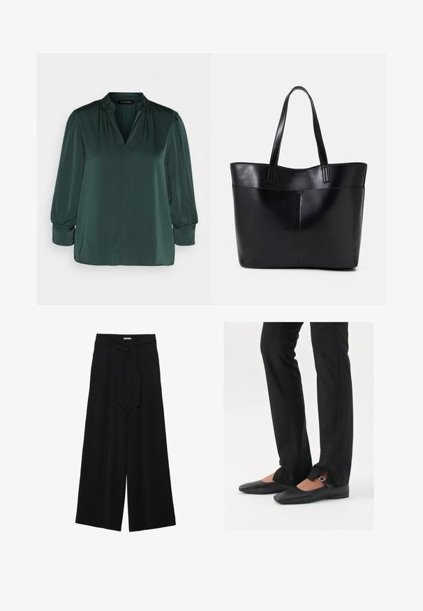 Donkergroen blouse van gladde stof, met een V-hals, geplooide schouders en lange mouwen met elastische manchetten. Rechte zoomontwerp.; Zwarte wijde broek van textuurstof, met een elastische tailleband en een afneembare sjaalstrik in de taille voor een verstelbare pasvorm.; Zwarte leren balletschoenen met een puntige neus, bandje met een zilveren gesp, gecombineerd met zwarte nauwsluitende broek met een zijsplit.; Zwarte leren tote bag met twee lange handvatten, een zachte textuur en een gestructureerde vorm. Voorzien van een voorvak voor extra opslagruimte.