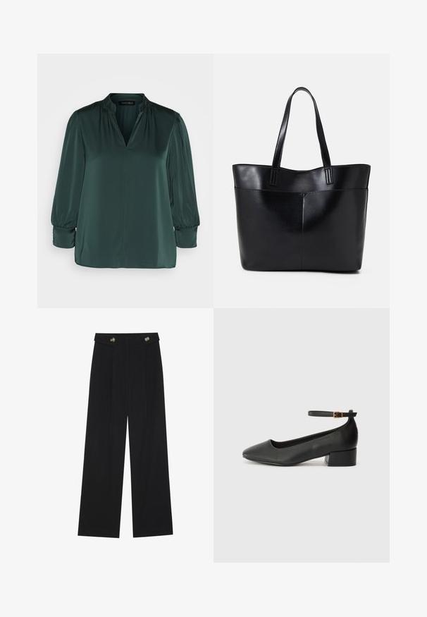 Tume roheline pluus, mis on valmistatud siledast kangast, V-kaelusega, kokkutõmmatavate õlgadega ja pikkade varrukatega, millel on elastsed mansetid. Sirge lõikega.; Mustad laiad püksid kõrge vöökoha ja nööpdetailidega vööandil, esikortsudega.; Must mustaapp, millel on terav nina ja madal blokk-kand. Omab pahkluu rihma koos kuldse tooni pandlaga. Sile tekstuur.; Must mustaga musta nahast, millel on kaks pikka kanda, sile tekstuur ja struktureeritud kuju. Esipoolsel on lisakoti jaoks tasku.