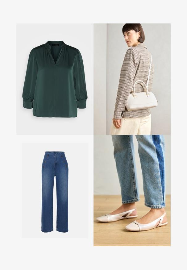 Tume roheline pluus, mis on valmistatud siledast kangast, V-kaelusega, kokkutõmmatavate õlgadega ja pikkade varrukatega, millel on elastsed mansetid. Sirge lõikega.; Keskmise sinise värviga kõrge vöökohaga teksad. Omavad esipoolsete nööbiefekte ja laia jala disaini. Kanga tekstuur on sile ja kerge kulumisega.; Kahvatu roosa slingback lapikute jalatsite paar, millel on terav varvas, valmistatud siledast nahataolisest materjalist. Omab külgedel lõikekohti ja lapikut kontsa.; Valge struktureeritud käekott lühikeste käepidemete ja õlavööga, millel on kuldse riistvara aktsendid ja tekstuuriga materjal, eksponeeritud halli taustal.