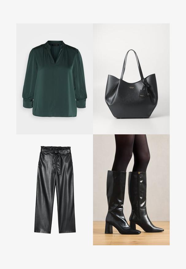 Dunkelgrüne Bluse aus glattem Stoff, mit V-Ausschnitt, gerafften Schultern und langen Ärmeln mit elastischen Bündchen. Gerades Saumdesign.; Schwarze weite Hosen aus Kunstleder mit einem elastischen, rüschierten Bund und einem abnehmbaren Bindegürtel. Glatte Textur und minimaler Glanz.; Knöchelhöhige schwarze Lederstiefel mit glänzender Oberfläche, spitzer Zehenpartie und klobigem Absatz. Seitlicher Reißverschluss für ein einfaches An- und Ausziehen.; Schwarze Tragetasche aus texturiertem Synthetikmaterial mit breiter Silhouette, ausgestattet mit zwei Griffen und einem Markenanhänger.; Silberne Creolen mit polierter Oberfläche, die kleine goldene Akzentdetails und eine runde Form aufweisen, am Ohrläppchen getragen.