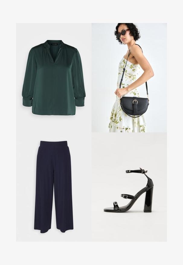 Tumši zaļa blouse, izgatavota no gludas auduma, ar V veida kaklu, savilktiem pleciem un garām piedurknēm ar elastīgām aprocēm. Taisna apakšmalas dizains.; Platas kājas bikses tumši zilā audumā ar svītrainu tekstūru. Aprīkotas ar gludu jostasvietu un plūstošu siluetu, sasniedzot vidus teļus.; Melni lakoti augstpapēžu sandales ar divām sprādzēm, kvadrātveida purngalu un masīvu papēdi, ar gludu, spīdīgu virsmu.; Melnas ādas rokassoma ar izliekta formu, noņemamu siksnu un zelta aksesuāriem. Somai ir vāciņš ar sprādzes detaļu.
