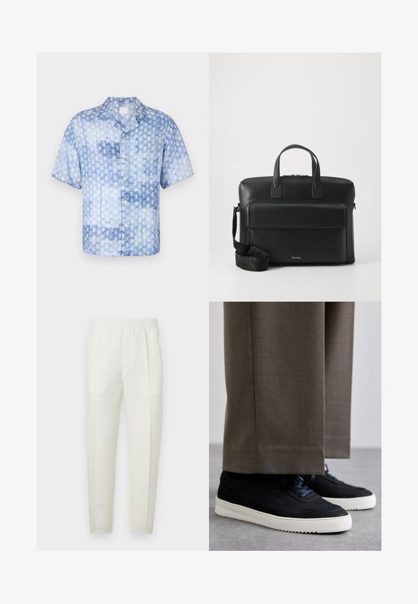 120% Lino SHORT SLEEVE REGULAR FIT MEN SHIRT - Ing - washed blue; Fehér, karcsúsított nadrág elasztikus derékpánthoz, két oldalzsebbel és sima, enyhén fényes anyaggal.; Fekete velúr sportcipők fehér gumitalppal, kerek orrú, fűzős kialakítással, szürke, szabott nadrággal párosítva.; Fekete bőr aktatáska kettős felső fogantyúkkal, elülső zsebbel és levehető pánttal, az alján diszkrét logóval.