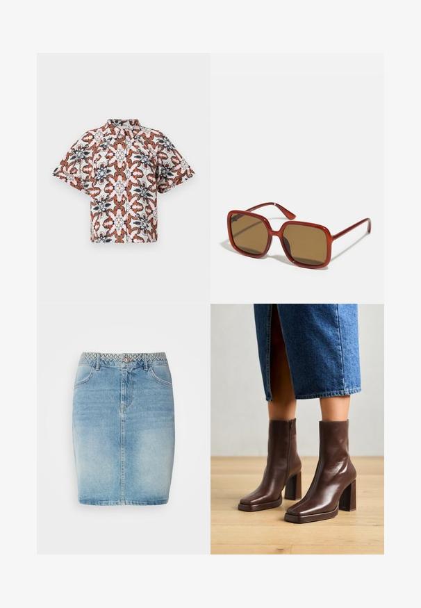 Short-sleeve, button-up shirt in white with a floral pattern in rust, navy, and pink hues. Features a mandarin collar and relaxed fit.; Light blue denim skirt with a fitted design, featuring a decorative patterned waistband, front pockets, and slight fading for added texture.; Jeffrey Campbell MAXIMAL-L2 - Platform ankle boots - dark cognac; Red square sunglasses with brown tinted lenses. Thick, glossy frames and slim arms with minor detailing on the side for visual interest.