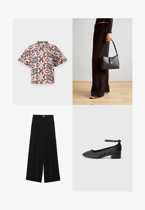Lühikeste varrukatega nööbitav särk, mis on valge ja lillemustriga, kus on rust, tumesinine ja roosa toone. Omab mandariinikaelust ja lõdva istuvusega.; Mustad laiad püksid, millel on tekstureeritud kangas, elastne vöökoht ja eemaldatav pael vööst, et reguleerida sobivust.; Must mustaapp, millel on terav nina ja madal blokk-kand. Omab pahkluu rihma koos kuldse tooni pandlaga. Sile tekstuur.; Must musta kott, millel on struktureeritud kuju, sile tekstuur ja metallist klamber. Kombineeritud laiate mustade pükstega ja avatud varvaste sandaalidega puidust põrandal.