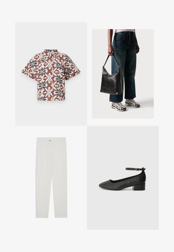 Camisa de manga curta, com botões, na cor branca com um padrão florido em tons de ferrugem, azul marinho e rosa. Apresenta um colarinho mandarin e um corte relaxado.; Calças brancas, ajustadas, com um design de perna reta, apresentando um fecho de botão, passantes para cinto e bolsos laterais; textura de tecido suave.; Sandal de pele preta com bico pontiagudo e um salto bloco baixo. Apresenta uma tira no tornozelo com uma fivela em tom dourado. Textura suave.; Bolsa de ombro em couro preto com textura suave e alça ajustável, combinada com jeans de perna larga desbotados e ténis desportivos.