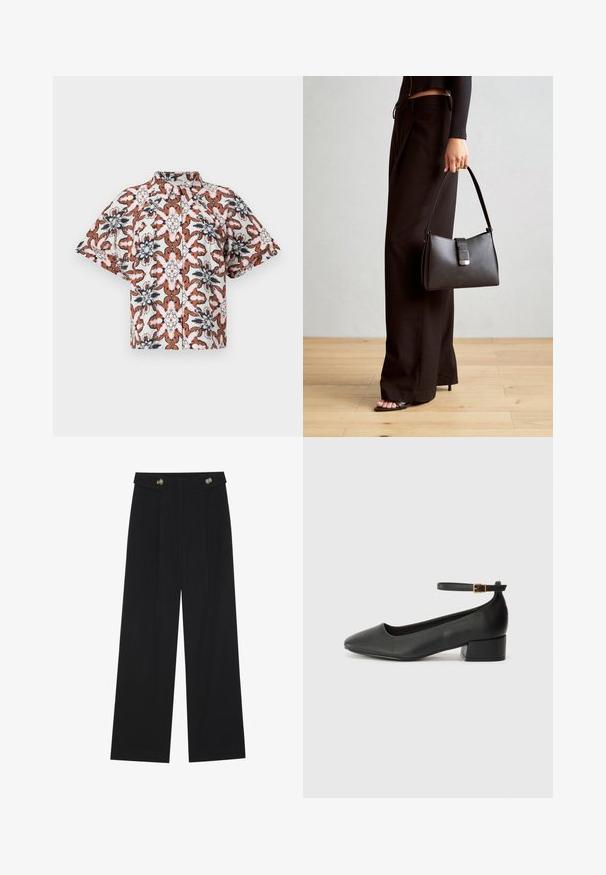 Koszula z krótkim rękawem, zapinana na guziki, w kolorze białym z kwiatowym wzorem w odcieniach rdzy, granatu i różu. Posiada kołnierzyk mandaryński i luźny krój.; Czarne szerokie spodnie z wysokim stanem, z detalami w postaci guzików na pasku oraz plisami z przodu.; Czarne skórzane szpilki z ostrym noskiem i niskim słupkowym obcasem. Wyposażone w pasek na kostkę z złotym zapięciem. Gładka tekstura.; Czarna torebka o usztywnionym kształcie, gładkiej fakturze i metalowym zapięciem. Połączona z szerokimi czarnymi spodniami i sandałami na otwartym palcu na drewnianej podłodze.