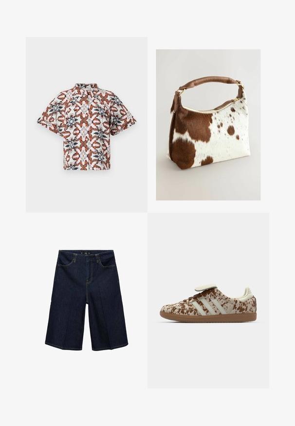 Camicia a maniche corte, con bottoni, di colore bianco con un motivo floreale in tonalità ruggine, blu navy e rosa. Presenta un colletto alla coreana e un taglio comodo.; Bermuda shorts in denim blu scuro con una vestibilità ampia, dotati di due tasche anteriori, cuciture gialle e una vita con passante per la cintura.; Sneaker con un motivo screziato beige e marrone, caratterizzato da tre strisce bianche, una fascia in velcro e una suola in gomma marrone.; Borsa in pelle di mucca con motivo maculato marrone e bianco, manico in pelle marrone, zip dorata e texture morbida. Forma strutturata con bordi arrotondati.
