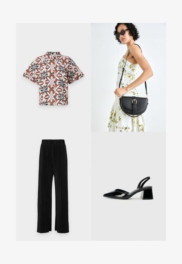 Cămașă cu mânecă scurtă, cu nasturi, de culoare albă, cu un model floral în nuanțe de ruginiu, bleumarin și roz. Are guler mandarin și un croi lejer.; Pantaloni negri plisati cu talie elastică. Prezintă picioare largi și un material neted, texturat, cu dungi verticale.; Pantofi cu toc slingback din piele lacuită neagră, cu vârf ascuțit și toc geometric. Prezintă un design elegant, minimalist și o textură netedă.; Geantă din piele neagră, cu o formă curbată, curea detașabilă și accesorii aurii. Geanta are un capac cu un detaliu tip cataramă.
