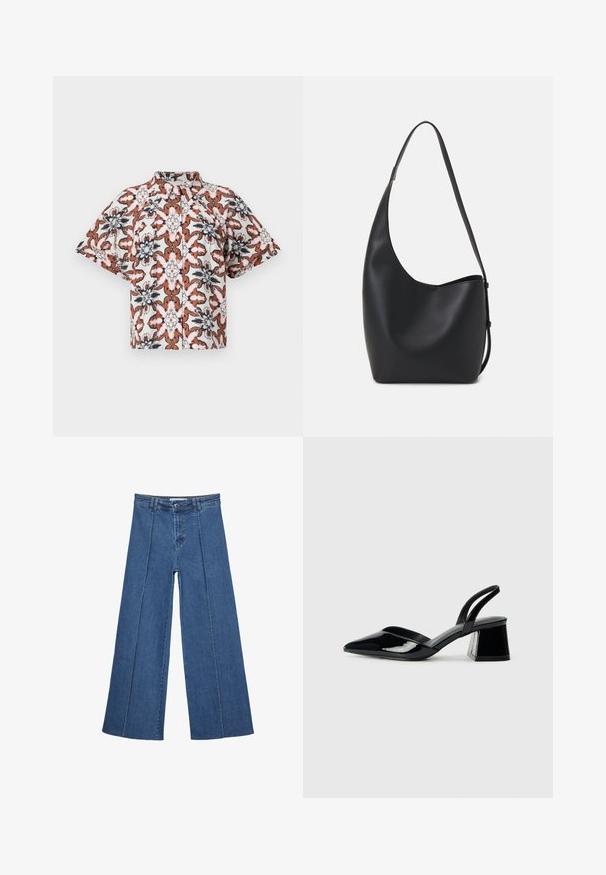 Košeľa s krátkym rukávom, na gombíky, biela s kvetinovým vzorom v medenej, námorníckej a ružovej farbe. Má mandarinový golier a voľný strih.; Rovné džínsy s širokými nohavicami v strednom modrom odtieni, so zvýšeným pásom, zapínaním na gombík a kontrastnými vertikálnymi švami pozdĺž prednej strany.; Čierne lakované kožené sandálové podpätky s špicatou špičkou a geometrickým blokovým podpätkom. Disponujú elegantným, minimalistickým dizajnom a hladkým povrchom.; Čierna kožená hobo taška so hladkou textúrou, zakriveným tvarom a jedným nastaviteľným popruhom; má široké otvorenie na vrchu.