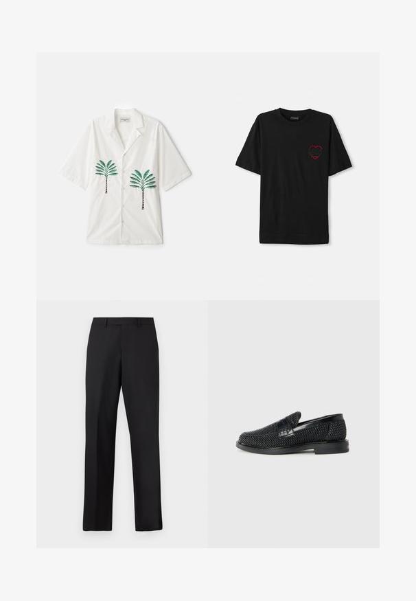 OFFICINE GENERALE LUIS PALMTREE EMBROIDE - Camicia - ecru; T-shirt nera in cotone con maniche corte, caratterizzata da un design a cuore ricamato rosso sul lato sinistro del petto. Collo alla marinara classico, vestibilità comoda.; Pantaloni neri a gamba dritta in tessuto liscio. Presentano una vita standard e nessun motivo o accento visibile.; Scarpa nera a mocassino intrecciata con un accentuato in pelle liscia sulla parte superiore, design a punta rotonda e suola in gomma a profilo basso.