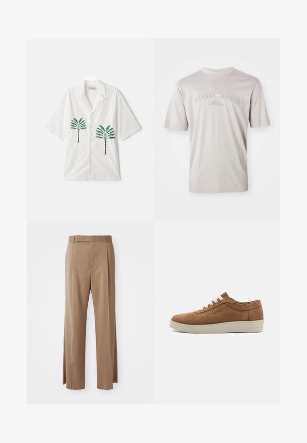 OFFICINE GENERALE LUIS PALMTREE EMBROIDE - Košeľa - ecru; Svetlo béžové tričko s krátkym rukávom vyrobené z jemnej látky, s výšivkou loga "Emporio Armani Milano" v mierne tmavšej farbe.; Svetlo hnedé prispôsobené nohavice so rovnými nohavicami, pútka na opasok, predný šev a skrytá zápinka, vystavené na bielom pozadí.; Hnedé semišové tenisky s bielymi šnúrkami, zaoblenou špičkou a textúrovanou gumovou podrážkou. Obsahujú šitý detail pozdĺž okraja podrážky.
