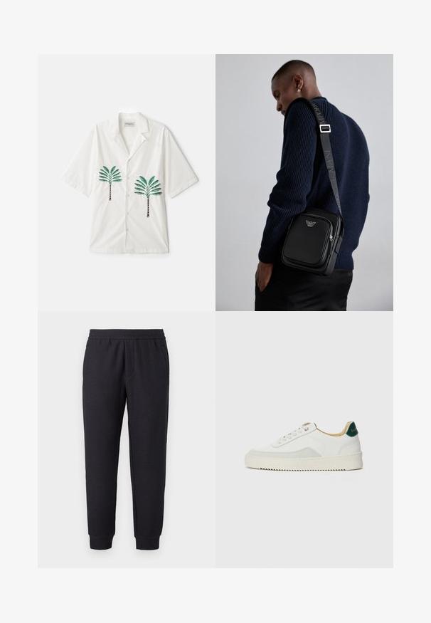 OFFICINE GENERALE LUIS PALMTREE EMBROIDE - Shirt - ecru; Black tapered sweatpants with elastic waistband and cuffs, featuring subtle textured pattern and side pockets.; White sneaker with suede accents, rounded toe, flat laces, and a cream rubber sole. Features green branding on the heel.; Black leather crossbody bag with a zippered compartment, logo detail, and a branded adjustable strap. Worn against a textured navy sweater.