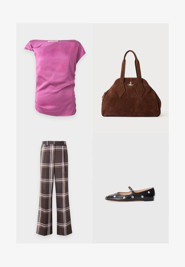 Tætsiddende, off-shoulder top i et ensfarvet lys pink stof med glat tekstur. Har subtil samling på den ene side og buet kant.; Stine Goya FRONT PLEAT LONG STRAIGHT PANTS CASUAL TAILORING - Bukser - dark brown; Sorte læder Mary Jane flad sko med en rund tå, udstyret med sølvfarvede runde nitter og en justerbar rem med spænde.; Brun suede håndtaske med en struktureret form, rund krop og forlængede diamantformede håndtag. Har en hardwarelukning i sølv.
