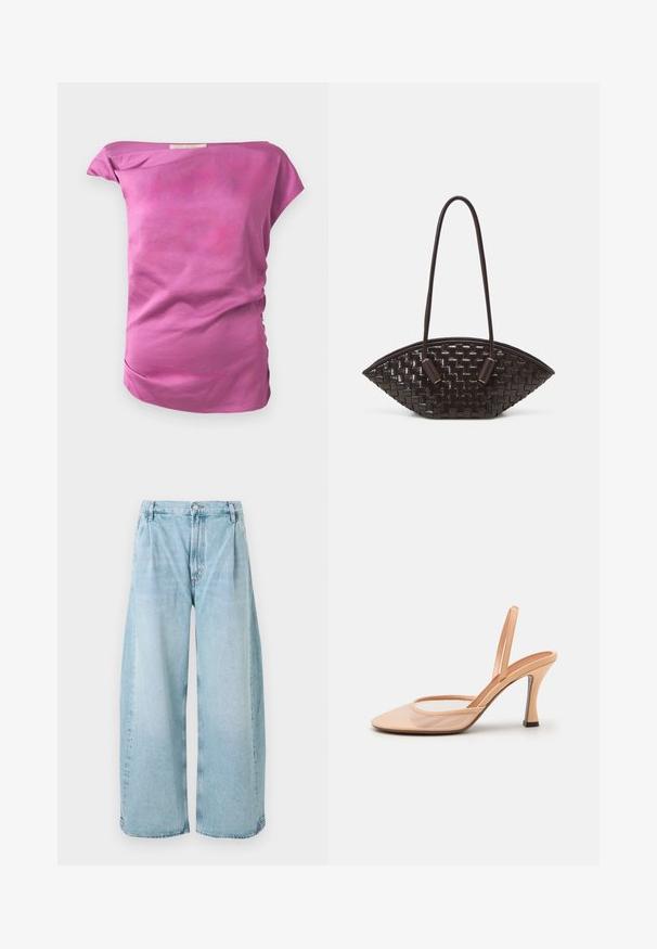 Tætsiddende, off-shoulder top i et ensfarvet lys pink stof med glat tekstur. Har subtil samling på den ene side og buet kant.; Lysblå vide denimbukser med plisseringer foran, en knaplukning og lige afslutninger, med en falmet tekstur hele vejen igennem.; Nøgen mesh slingback hæl med spids tå, slank ankelrem og stiletto hæl med en sort accent ved basen.; THEMOIRè OLIMPIA - Håndtasker - fondant