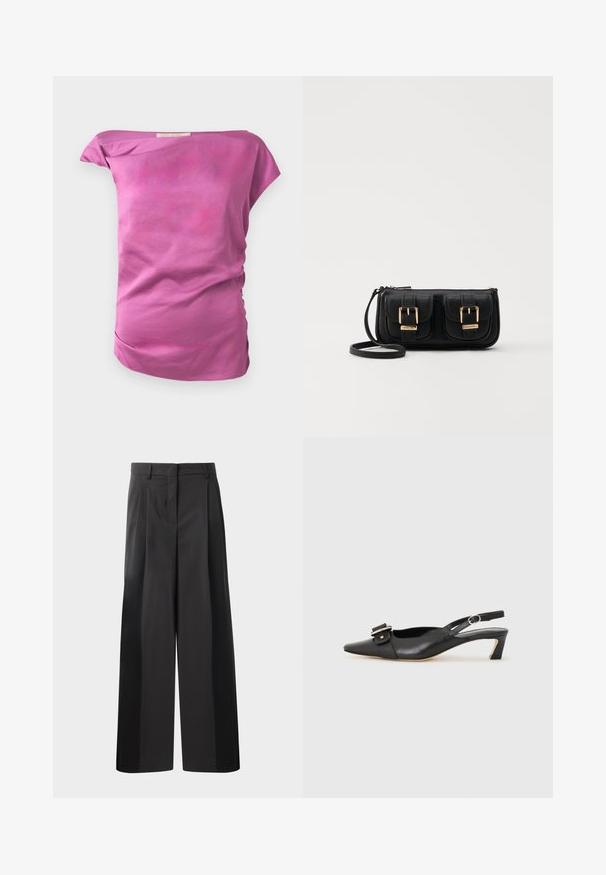 Dopasowana bluzka bez ramiączek w gładkim, jasnoróżowym materiale o gładkiej teksturze. Posiada delikatne marszczenia z jednej strony oraz zaokrąglony dół.; Czarne szerokie spodnie z wysokim stanem, z przodu z fałdami, o gładkiej fakturze i dopasowanym wykończeniu. Zaprojektowane z myślą o luźnym kroju.; Czarne skórzane buty typu slingback z ostrym noskiem, małym obcasem i ozdobnym zapięciem na górze. Gładka faktura, minimalistyczny design.; Czarna skórzana torba na ramię z dwoma przednimi kieszeniami, złotymi klamrami, zamkiem błyskawicznym i cienkim paskiem. Teksturowana powierzchnia i kompaktowy prostokątny kształt.