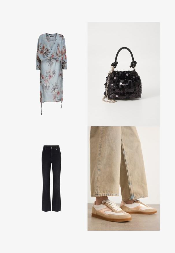 Šviesiai mėlyna apsiaustinė suknelė su gėlių raštu rožinėmis ir žaliomis spalvomis, ilgomis rankovėmis ir reguliuojamais raišteliais ties liemeniu. Minkšta, lengva medžiaga.; Juodos džinsinės plačios kelnės, turinčios aukštą liemens aukštį, penkių kišenių dizainą ir metalinius mygtukus šonuose. Lygus paviršius ir klasikinis sijonas.; Kreminių ir rudos spalvos sportbačiai su veliūro ir tinklinio dizainu, turintys raištelių užsegimą ir guminį padas, derinami su rudos spalvos plačiomis kelnėmis.; Juodas blizgučių mini rankinukas su mazguotu tekstūruotu dirželiu ir sidabro grandine. Suapvalinta forma su susiraukšlėtopu ir atspindinčiomis detalėmis.