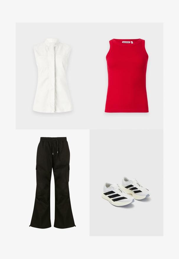 Camisetta bianca senza maniche con colletto alto, caratterizzata da un sottile motivo a spirale e una chiusura frontale. Tessuto liscio, vestibilità sartoriale e assenza di elementi hardware visibili.; Top a canotta rosso a coste con scollatura rotonda e spalline larghe. Tessuto morbido con un design aderente. Etichetta del marchio visibile all'interno della scollatura.; Pantaloni cargo neri con un design a gamba larga, cintura elastica, cordoncino regolabile e tasche laterali. Realizzati in un tessuto liscio e resistente.; Scarpe sportive bianche con strisce e marchio neri, dotate di tomaia in rete, punta arrotondata e suola spessa di color crema per un'ammortizzazione ottimale.