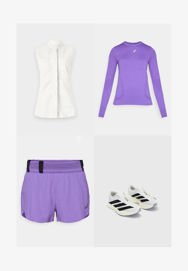Bela brezrokavna srajca z visokim ovratnikom, ki ima subtilen vzorec spirale in sprednjo zadrgo. Gladka tekstura, prilagojen kroj in brez vidnih kovinskih delov.; Majica z dolgimi rokavi v svetlo vijoličasti barvi, ki se prilega telesu, ima okroglo ovratnik in subtilno teksturo ter detajl s logotipom na prsih.; ASICS METARUN SPLIT SHORT - Športne kratke hlače - edo purple; Bele športne čevlje bele barve z črnimi črtami in blagovno znamko, z mrežastim zgornjim delom, zaobljenim prstom in debelim kremnim podplatom za blaženje.