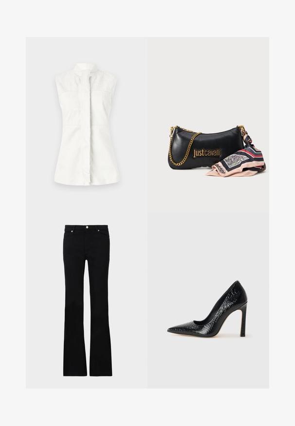White sleeveless shirt with a high collar, featuring a subtle swirl pattern and a front placket. Smooth texture, tailored fit, and no visible hardware.; Black long-sleeve bodysuit with a deep V-neck, layered ruffle design across the chest, and bell sleeves. Smooth, stretchy fabric.; Black flared jeans made of denim, featuring two front pockets, a button closure, and a smooth texture. Signature stitching visible at seams.; Black pointed-toe high heel shoe with a crocodile-skin texture, featuring a sleek design, high stiletto heel, and smooth black interior.; Black leather handbag with a gold chain strap, featuring a logo and a patterned silk scarf attached at the side, in contrasting colors.
