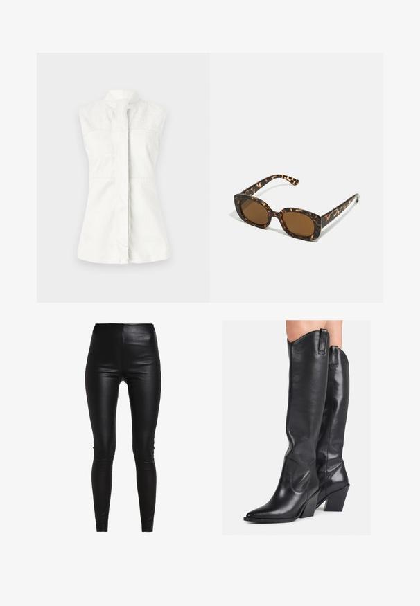Witte mouwloze shirt met een hoge kraag, met een subtiele spiraalpatroon en een voorste placket. Glad textuur, getailleerde pasvorm en geen zichtbare hardware.; Zwarte nepleer leggings met een hoge taille, een figuurvolgend ontwerp, een gladde textuur en geen zichtbare naden of versieringen.; Zwarte leren kniehoge laarzen met een spitse neus, gebogen schacht en chunky hak. Heeft een gladde textuur en aantrekriempjes aan de bovenkant.; Tortoiseshell zonnebril met een ronde, stevige montuur en bruine lenzen. Heeft subtiele patronen en rechte, taps toelopende veren.; Gehaakte beige clutch met een geraffineerd ontwerp en rond formaat, voorzien van een gestructureerde stofafwerking en een zachte opening aan de bovenkant.