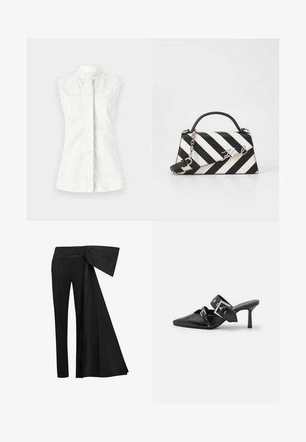 Fehér ujjatlan ing magas nyakkal, finom örvénymintával és elöl gombolással. Simább textúra, testhezálló fazon, és nincs látható fémárú.; Fekete nadrág, széles, drapált övvel a deréknál. Simaságú anyag, egyenes lábszár, és pliszírozott derékbőség.; Fekete magassarkú mules, hegyes orral, sima bőrből készült. Széles bokapántja van, négyzet alakú ezüst csattal és szegecsekkel.; Fekete-fehér csíkos kézitáska, strukturált formával, felső fogantyúval, leválasztható lánc pánttal és fémes logóval.