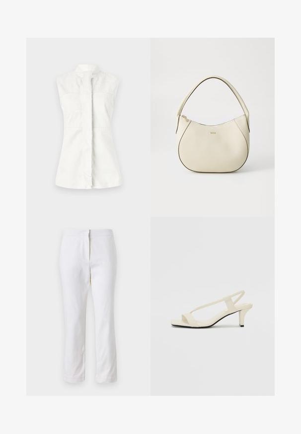 Chemise sans manches blanche avec un col haut, présentant un motif en tourbillon subtil et un plastron avant. Texture lisse, coupe ajustée et sans quincaillerie visible.; Pantalons en coton blancs avec une coupe droite, dotés d'une taille mi-haute et sans matériel ou motifs visibles. Texture lisse sur l'ensemble.; Sandales beiges à talons carrés avec des fines brides et un bout carré. Matière lisse avec des détails minimaux, conçues pour un port facile.; Sac à main couleur crème avec une finition texturée, forme courbée, anses courtes et détail de logo doré. Fermeture éclair sur le dessus.
