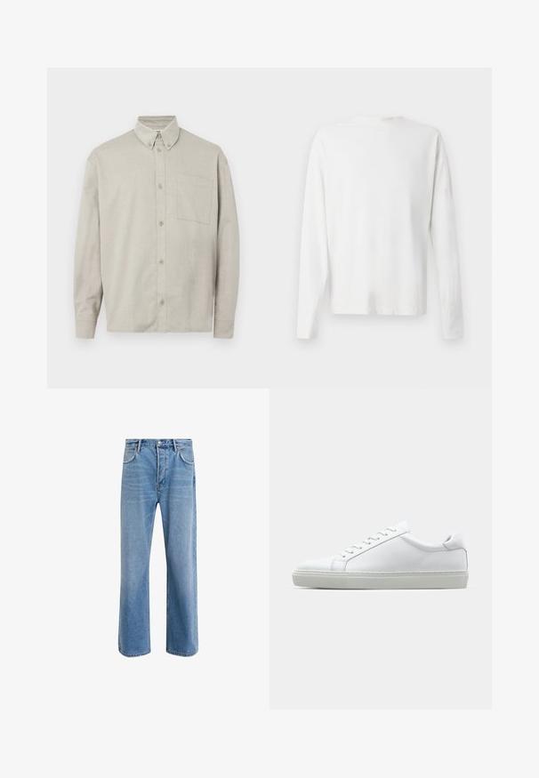 Šviesiai pilkas, ilgomis rankovėmis mygtukų užsegamas marškinys, pagamintas iš minkštos medžiagos. Yra mygtukų pavadėlė, priekinė kišenė ir laisvas siluetas.; Ilgų rankovių baltas medvilninis marškinis su apvalia iškirpte, šonuose su plyšiais apačioje ir lygia tekstūra, rodomas iš nugaros.; Šviesiai mėlyni džinsai su tiesiu kirpimu, penkios kišenės, mygtuko užsegimas, minimalus blukimas ir kontrastingi siuvimo detalės.; Baltas sportinis batelis su lygiu odiniu paviršiumi ir žemu profiliu. Turi suapvalintą pirštą, šešis akių skyrius ir tekstūruotą gumos padą.