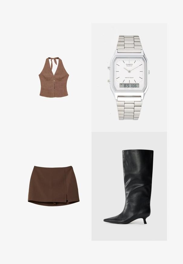Brauner Haltern-Top aus strukturiertem Stoff, mit V-Ausschnitt, Knopfleiste undBindeschluss am Hals. Figurbetonter Schnitt.; Brauner Minirock aus glattem Stoff, mit einem vorderen Schlitz, klaren Linien und einer strukturierten Passform. Ohne Taschen oder auffällige Hardware-Details.; Schwarzer, knielanger Lederstiefel mit spitzer Zehe und niedrigem Kittenheel, auf einem schlichten hellen Hintergrund präsentiert.; Silberner Edelstahl-Uhr mit quadratischem Gehäuse, weißem Zifferblatt, analoger und digitaler Anzeige sowie einem Metallarmband. Wasserdichtes Design.