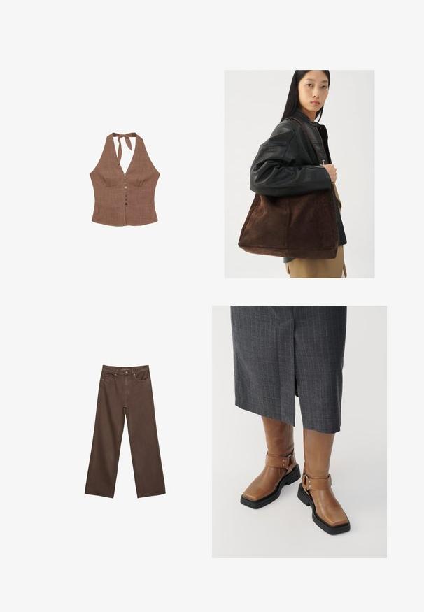 Brun halterneck top lavet af tekstureret stof, med en V-hals, knaplukning foran og snorelukning i nakken. Tætsiddende bodice-design.; Bredde ben brun denim jeans med høj talje, forlommer og klassisk knaplukning. Glat tekstur med diskret syninger.; Brune læder knæhøje støvler med firkantet tå, sort gummisål og justerbar spænde-detalje. Båret med en grå stribet nederdel.; Brun ruskind tote taske med en bred form og blød tekstur, der har en enkelt strop og minimal hardware mod en neutral baggrund.