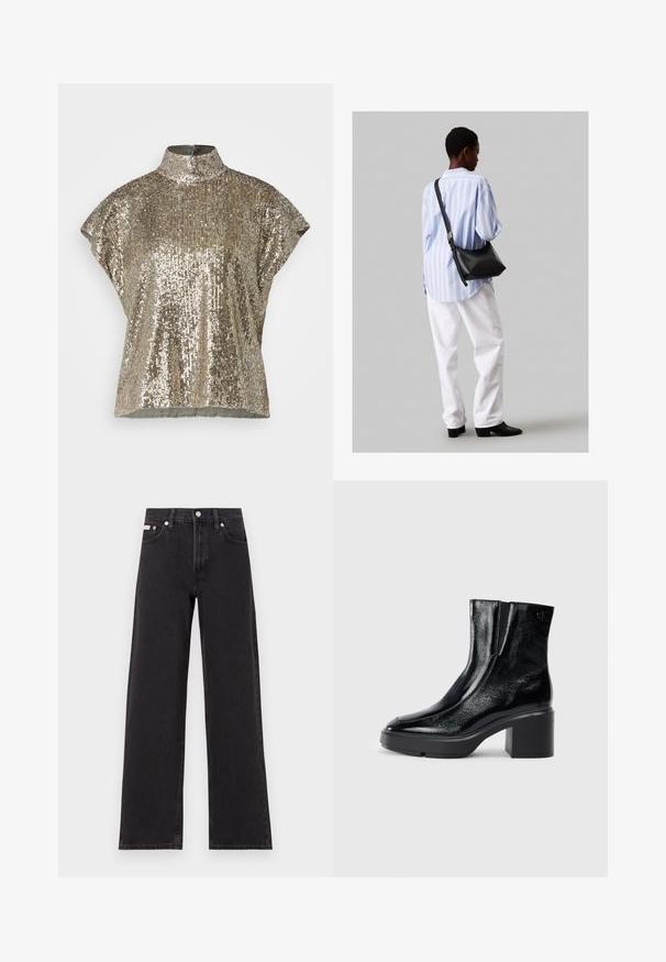 Gullfarget paljett-topp med høy krage, korte ermer og en teksturert overflate. Stoffet har varierte reflekterende mønstre gjennom hele.; Svart bredbente jeans laget av denim, med høy livvidde, fem lommer, og metallknapp med kontrasterende søm.; Sorte lakkskinn ankelstøvler med buet tå, elastiske sidestykker og en chunky klossheel. Har preget logo på baksiden.; Svart lær skulderveske med en myk tekstur, trekantet form og justerbar stropp, kombinert med en lyseblå stripete skjorte og hvite bukser.