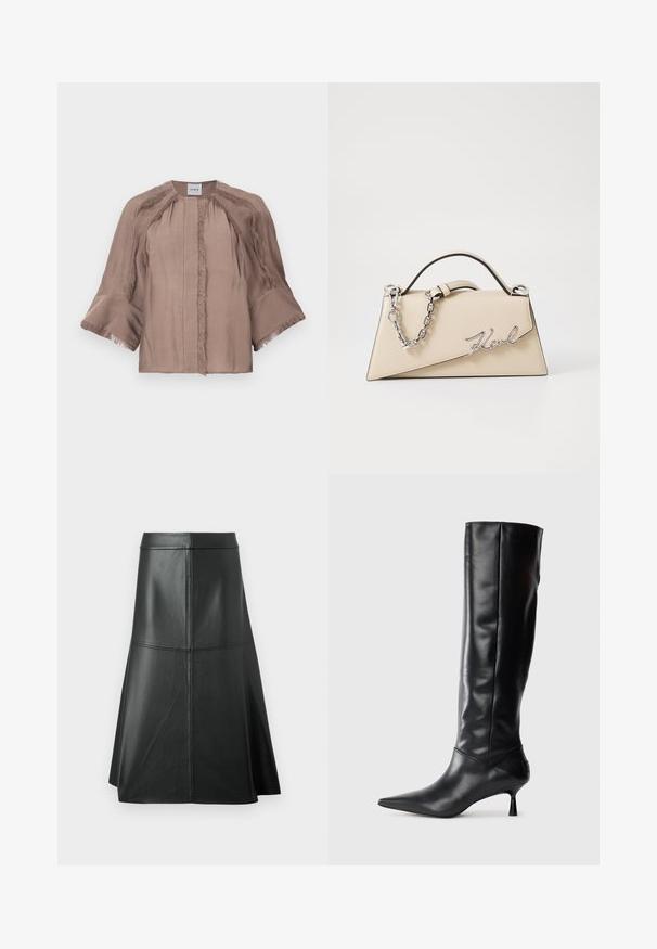 Taupe blůza s širokými 3/4 rukávy, třásněmi podél švů a manžet, kulatým výstřihem a skrytým předním zapínáním.; Černá kožená A-linie sukně, hladká textura, do délky midi, s horizontálním švem v pase a švech pro přidanou strukturu.; Černé kožené vysoké boty po kolena s špičatou špičkou a štíhlým zakřiveným podpatkem. Hladký povrch, přiléhavý design a žádné viditelné kování nebo vzory.; Béžová kožená kabelka se strukturovaným trojúhelníkovým tvarem, se stříbrným řetízkem a kovovým logem psaným kurzívou.