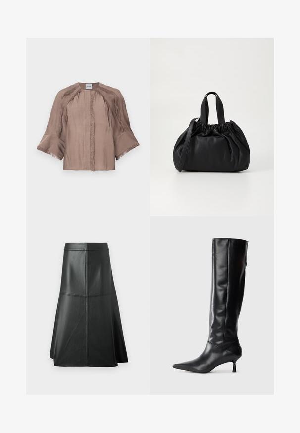 Taupe blouse met brede 3/4 mouwen, franje aan de naden en cuffs, ronde halslijn en een verborgen sluiting aan de voorkant.; Zwarte leren A-lijn rok, met een gladde textuur, tot halverwege de kuit, met horizontale stikdetails in de taille en naden voor extra structuur.; Zwarte leren kniehoge laars met een spitse neus en slanke gebogen hak. Gladde textuur, aansluitend ontwerp en geen zichtbare hardware of patronen.; Zwarte leren handtas met een geplooid ontwerp aan de bovenkant, voorzien van twee korte handvatten en een lange verstelbare schouderband. Gladde textuur, ronde vorm.
