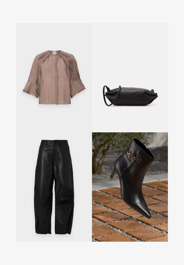Taupe Bluse mit weiten 3/4-Ärmeln, Fransenbesatz entlang der Nähte und Bündchen, Rundhalsausschnitt und verdecktem Verschluss auf der Vorderseite.; Schwarze Lederhose mit lockerer Passform, geradem Bein, Fronttaschen und sichtbaren Nähten.; Schwarze Leder-Ankle-Boots mit spitzem Zehen und kleinem Absatz. Mit einem goldenen Kettenakzent am Knöchel. Umgeben von einer strukturierten Steoberfläche.; Schwarze Leder-Clutch mit rechteckiger Form, glatter Textur, dünnem Schulterriemen und minimalistischer Gestaltung.
