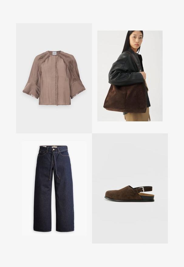 Blouse taupe avec de larges manches 3/4, finition à franges le long des coutures et des poignets, col rond et fermeture frontale dissimulée.; Jeans en denim bleu foncé à jambes larges, avec une taille haute, dotés d'un lien à cordon, de cinq poches et de détails de couture contrastants.; Chaussure en suédine marron à enfiler avec un petit talon, une sangle ajustable avec une boucle en argent et une semelle en caoutchouc noire.; Tote bag en suède marron avec une forme large et une texture douce, dotée d'une seule bandoulière et de matériel minimal sur un fond neutre.