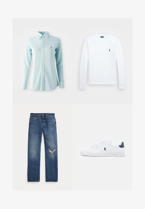 Hele helesinise triibuline nööbiga särk, millel on pikad varrukad, krae ja väike tikand vasakul rinnal.; Valge pikkade varrukatega särk, puuvillane materjal, ümmargune kaelus, väikese tumepMereväe logoga vasakul rinnal. Lihtne disain, regulaarne lõige.; Sinine denim-püksid keskmise talje kõrgusega, viie taskuga ja kulunud rebendiga paremas põlves.; Valged nahast spordijalanõud sileda pinnaga, tumesinised detailid ja väike logo külgedel. Omab lapikud paelu ja tekstureeritud kummitalda.