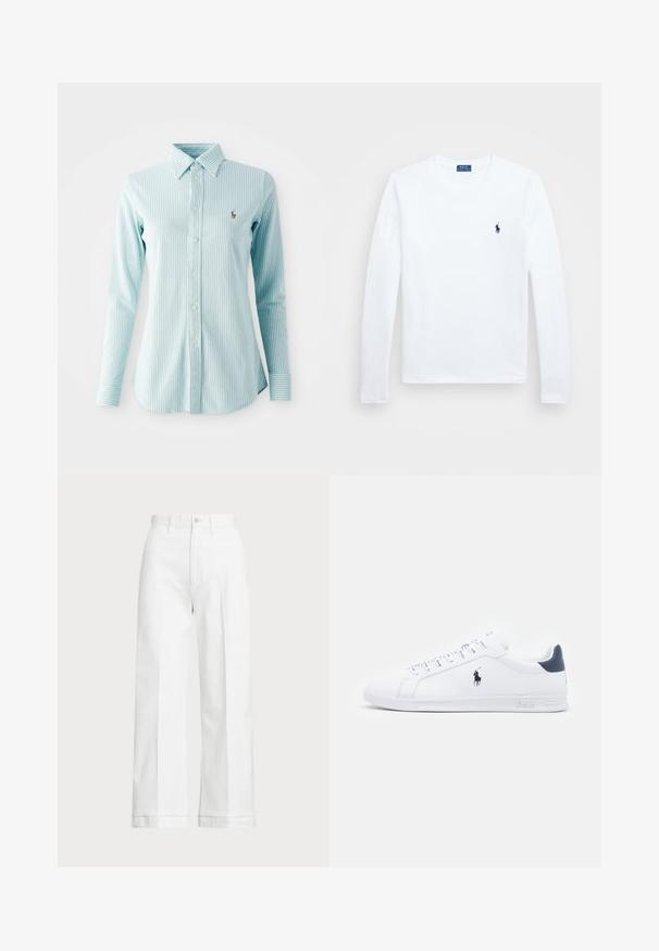 Hele helesinise triibuline nööbiga särk, millel on pikad varrukad, krae ja väike tikand vasakul rinnal.; Valge pikkade varrukatega särk, puuvillane materjal, ümmargune kaelus, väikese tumepMereväe logoga vasakul rinnal. Lihtne disain, regulaarne lõige.; Valged laiad pükse kõrge vöökohaga, mis on varustatud nööpkinnipidamise ja peente õmblusdetailidega. Valmistatud puuvillast, millel on sile tekstuur.; Valged nahast spordijalanõud sileda pinnaga, tumesinised detailid ja väike logo külgedel. Omab lapikud paelu ja tekstureeritud kummitalda.