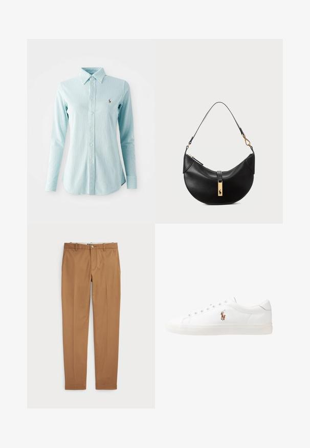 Camisa azul claro às riscas com mangas longas, com colarinho e um pequeno logótipo bordado no lado esquerdo do peito.; Calças de algodão castanhas com um design slim-fit, frente lisa e bolsos standard; textura suave e bainhas com acabamento.; Sapatilhas de couro brancas, design de cano baixo, com textura suave, biqueira redonda, atacadores à frente e um pequeno logótipo bordado na lateral.; Bolsa de couro preto em forma de meia-lua. Apresenta um detalhe em metais dourados e uma alça estreita. Textura suave, fechamento em zíper na parte superior.