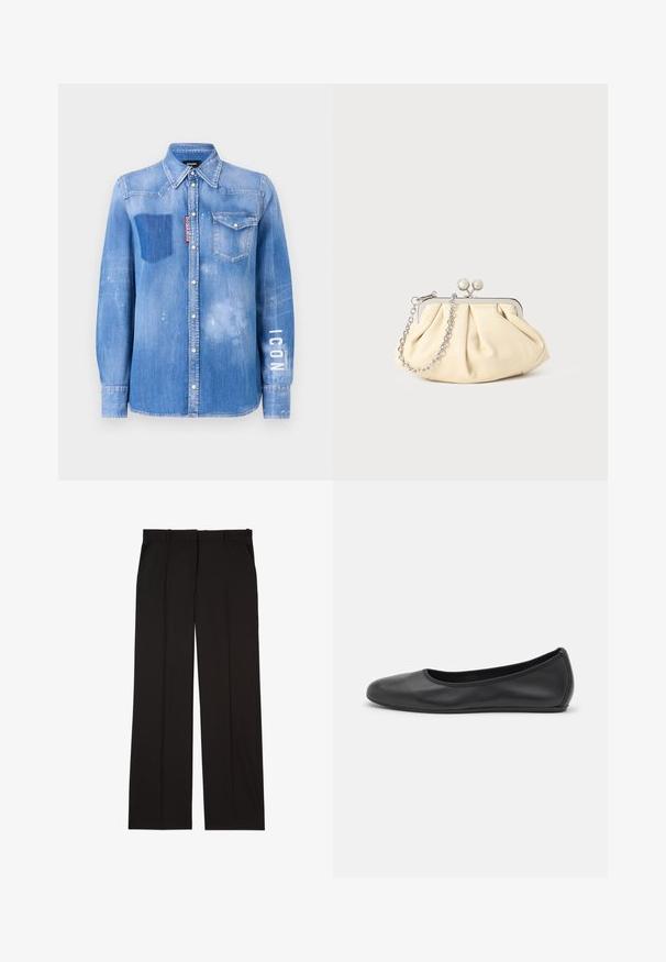 Denim shirt in light blue with a faded finish. Features a patch pocket, button-down collar, and white text "ICON" on the sleeve.; Black tailored trousers made of a smooth fabric, featuring a straight-leg design, and two side pockets. Elegant and minimalistic construction.; Black leather ballet flat with a rounded toe, smooth texture, minimal stitching detail, and a flexible sole design.; Pleated beige leather clutch with a silver metal frame, featuring two round decorative clasps and a silver chain strap.