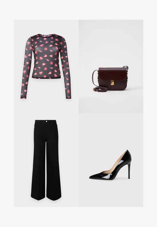 Langärmliges, transparentes schwarzes Oberteil mit wiederholtem roten Lippenmuster und weißen Akzenten, figurbetontem Design und rundem Ausschnitt.; Schwarze weit geschnittene Jeans aus strapazierfähigem Material, mit hoher Taille, Fronttaschen und einem Knopfverschluss vorne. Flacher Saum am Boden.; Schwarze Lackleder-Pumps mit High Heels und spitzem Design sowie einer eleganten Silhouette. Verfügt über eine glatte, glänzende Oberfläche und einen schlanken Stiletto-Absatz.; Braune Lederhandtasche mit einem Klappenverschluss, goldenen Akzenten und einem verstellbaren Gurt. Sie hat eine glatte Textur und eine elegante rechteckige Form.