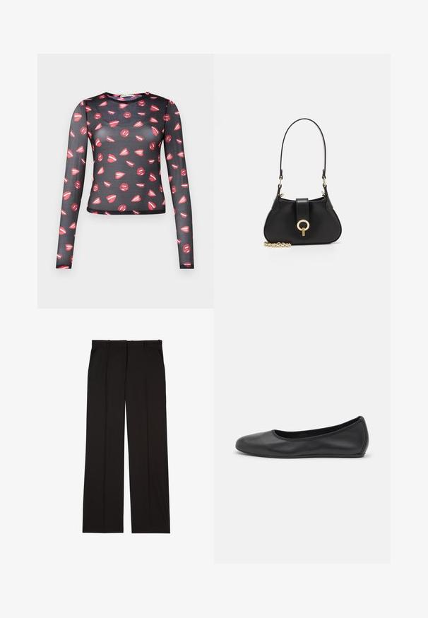 Pitkähiha, läpinäkyvä musta toppi, jossa on toistuva punainen huulien kuvio valkoisilla korostuksilla, istuva malli ja pyöreä pääntie.; Mustat räätälöidyt housut, jotka on valmistettu sileästä kankaasta. Housuissa on suora lahje ja kaksi sivutaskua. Elegantti ja minimalistinen rakenne.; Musta nahkainen ballerina, jossa on pyöristetty kärki, sileä pinta, minimaalinen ommelkoristelu ja joustava pohjamuotoilu.; sandro JANET - Käsilaukku - noir