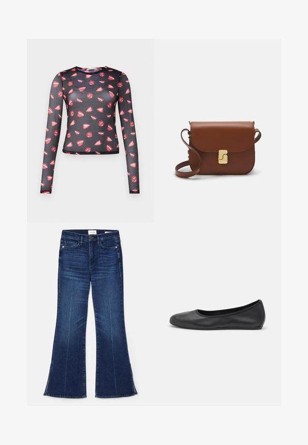 Langärmliges, transparentes schwarzes Oberteil mit wiederholtem roten Lippenmuster und weißen Akzenten, figurbetontem Design und rundem Ausschnitt.; Dunkelblaue, ausgestellte Jeans aus Denim. Mit hoher Taille, vorderen Taschen und Schlitzen am Saum. Klassisches Fünf-Taschen-Design.; Schwarze Leder-Ballettschuhe mit abgerundeter Spitze, glatter Textur, minimalen Nähdetails und einem flexiblen Sohlen-Design.; Braune Ledertasche mit Klappenverschluss, Beschlägen in Goldfarbe, einem Schultergurt und einer glatten Oberfläche. Kompakte rechteckige Form.