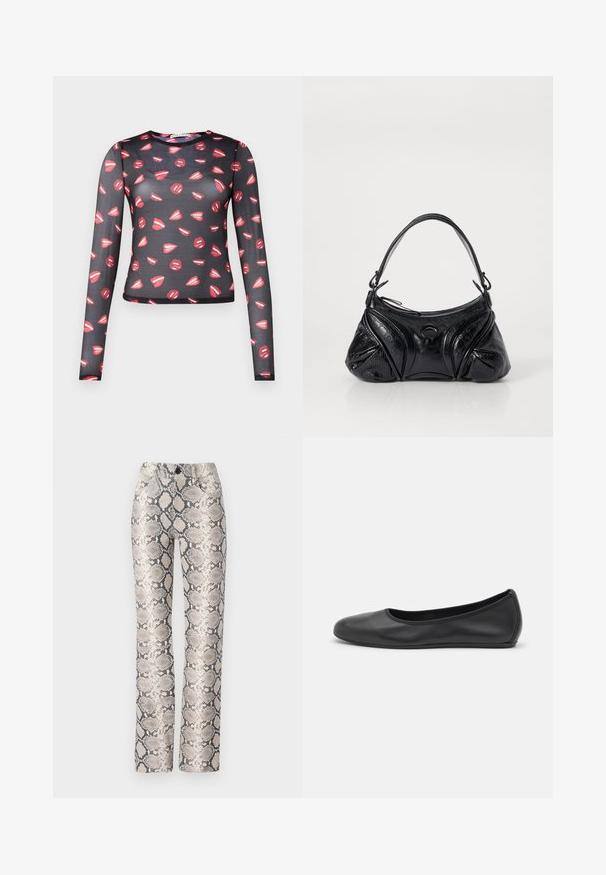 Long-sleeve, sheer black top featuring repeated red lips pattern with white highlights, fitted design, and round neckline.; Snake-print trousers in a beige and gray color scheme. Straight-leg design with a textured finish and front pockets. Features a button closure.; Black leather ballet flat with a rounded toe, smooth texture, minimal stitching detail, and a flexible sole design.; Black handbag made of textured leather with a rounded shape. Features a thin shoulder strap and decorative embossed patterns.