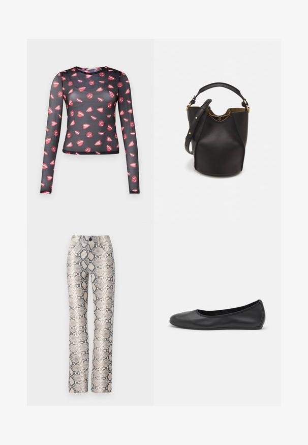 Černý top s dlouhým rukávem a transparentním materiálem, zdobený opakujícím se vzorem červených rtů s bílými akcenty, úzkým střihem a kulatým výstřihem.; Kalhoty se vzorem hadí kůže v béžové a šedé barevné kombinaci. Rovný střih s texturovaným povrchem a předními kapsami. Obsahuje zapínání na knoflík.; Černé kožené baletní byty s kulatou špičkou, hladkou texturou, minimálními švy a flexibilním designem podrážky.; Černá kožená kabelka ve tvaru vědra s texturovaným povrchem, zlatými kovovými akcenty a otevřeným vrchem. Obsahuje krátkou rukojeť a nastavitelný ramenní popruh.