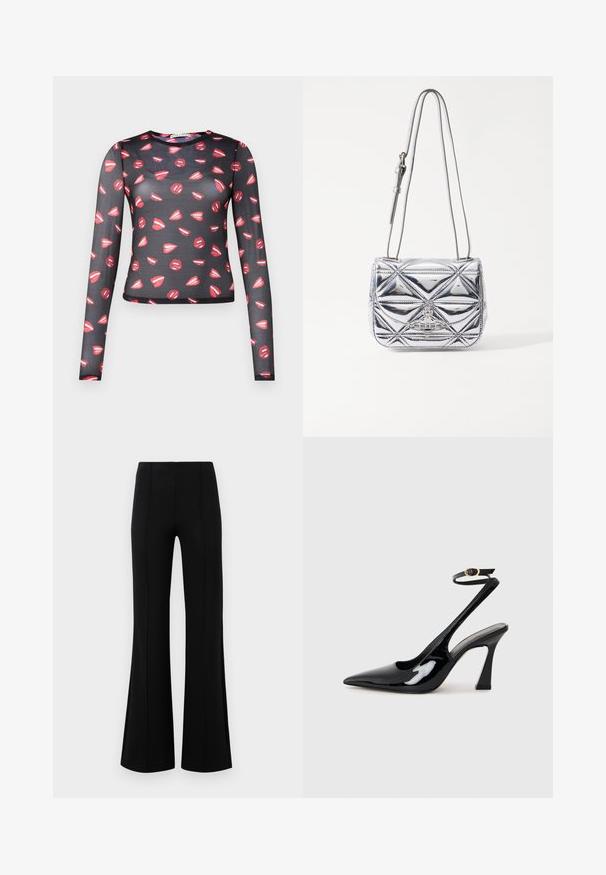 Černý top s dlouhým rukávem a transparentním materiálem, zdobený opakujícím se vzorem červených rtů s bílými akcenty, úzkým střihem a kulatým výstřihem.; Černé kalhoty s volným zakončením a vysokým pasem, vyrobené z elastického materiálu. Mají vertikální švy na přední straně a hladký povrch.; Černé lakované kožené lodičky na pásku s špičatou špičkou, nastavitelným páskem kolem kotníku a mírným blokovým podpatkem. Hladký povrch s lesklým finišem.; Kovová stříbrná kabelka přes rameno se geometrickým prošíváním, plochým klopovým zavíráním a nastavitelným popruhem se stříbrnými kovovými akcenty.