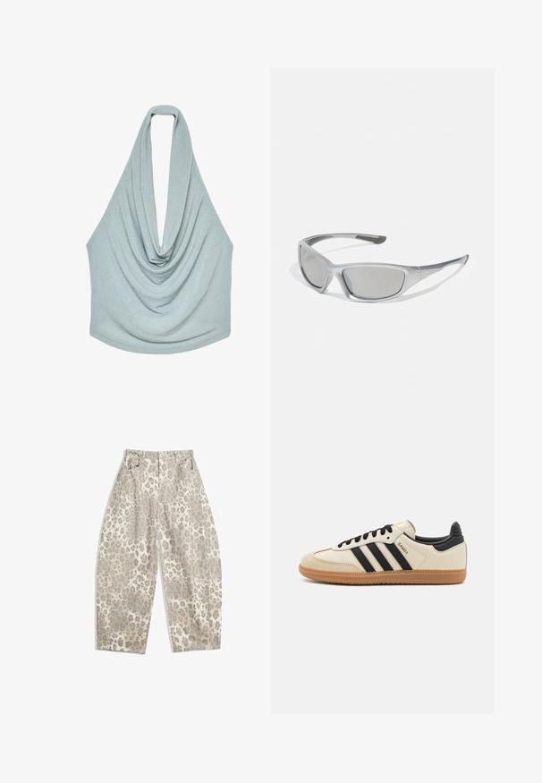 Svetlo modrý halter top vyrobený z mäkkej, textúrovanej látky s drapériou a okrúhlym chrbtom. Hladký povrch s voľným strihom.; Nohavice s leopardím vzorom v svetlo béžovej farbe s vysokým pásom, širokými nohami a dvoma prednými vreckami. Vyrobené z hladkej tkaniny.; Béžová športová obuv s čiernymi pruhmi, gumovou podošvou a čiernymi akcentami. Má hladký kožený zvršok a zaoblený dizajn prstov.; Sivé slnečné okuliare so štíhlým, ľahkým plastovým rámom. Obsahujú tónované sivé šošovky a textúrované bočné detaily pre lepšiu priľnavosť.; Čierna a strieborná taška adidas s hladkým povrchom, s lesklým nitovaným vzorom a výrazným zakriveným dizajnom.