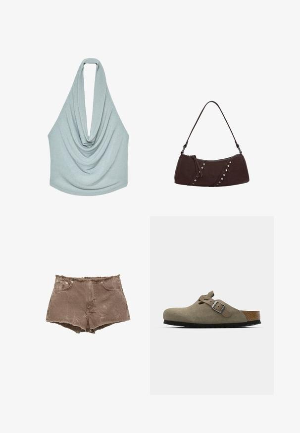 Top halter azzurro chiaro realizzato in un morbido tessuto testurizzato, con un design drappeggiato e un retro annodato. Finitura liscia con una vestibilità comoda.; Shorts in denim marrone con orlo sfilacciato, design a cinque tasche e dettagli in metallo. Il materiale appare leggermente rovinato con una superficie strutturata.; Zoccoli in suede di un verde oliva chiaro con una soletta in sughero e gomma sagomata. Presentano una cinghia laterale con fibbia metallica e una punta arrotondata.; Borsa a tracolla in finta pelle marrone con forma curva, chiusura con zip e borchie decorative argentate su un lato. Presenta una spallina corta.