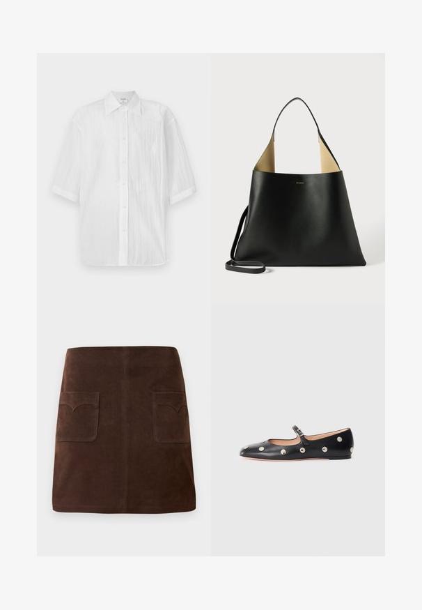 Biała koszula z krótkim rękawem zapinana na guziki, lekka, z fakturowanej tkaniny, z kołnierzykiem i prostym wykończeniem, oznaczona nazwą marki.; Brązowa zamszowa spódnica w klasycznym kształcie A, z dwiema przednimi kieszeniami z zaokrąglonymi klapami i subtelnymi detalami szewnymi.; Czarne skórzane buty typu Mary Jane na płaskim obcasie z zaokrąglonym czubkiem, ozdobione srebrnymi okrągłymi ćwiekami oraz regulowanym paskiem z klamrą.; Czarna skórzana torba na ramię o przestronnym, kanciastym kształcie. Wyposażona w kontrastowe, jasnobrązowe wnętrze i cienki pasek na ramię. Minimalistyczne logo.